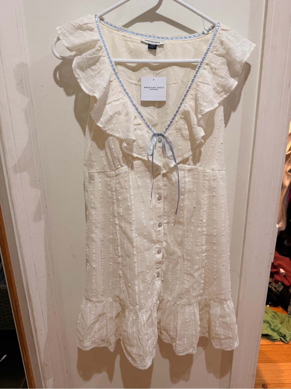 American Eagle Outfitters Ivory Ruffle-Trim Button Mini Dress - Picture 2 of 7